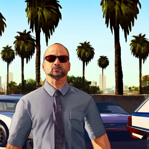 Image similar to Michael Ehrmantraut in GTA V . Los Santos in the background, palm trees. In the art style of Stephen Bliss.