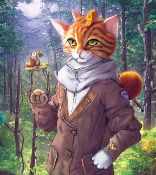 Image similar to character portrait of the anthro anthropomorphic cat head animal person fursona wearing clothes standing in the bright forest, hidari, color page, tankoban, 4 k, tone mapping, akihiko yoshida