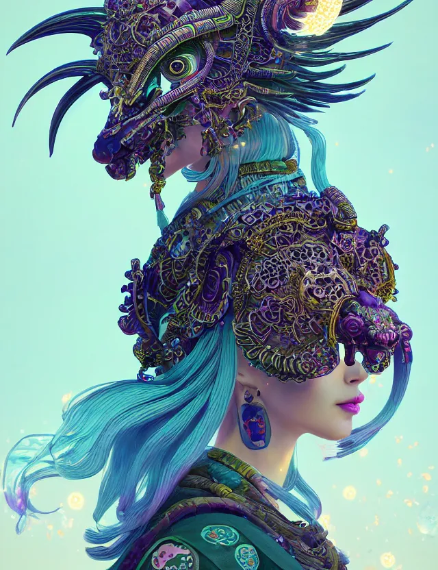 Image similar to 3 d goddess close - up profile solarpunk portrait ram skull. beautiful intricately detailed japanese crow kitsune mask and clasical japanese kimono. betta fish, jellyfish phoenix, bio luminescent, plasma, ice, water, wind, creature, artwork by tooth wu and wlop and beeple and greg rutkowski