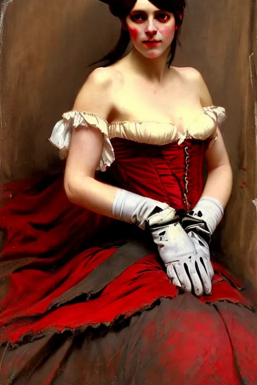 Prompt: solomon joseph solomon and richard schmid and jeremy lipking victorian genre painting full length portrait painting of a young beautiful woman wearing gloves traditional german french actress model pirate wench in fantasy costume, red background