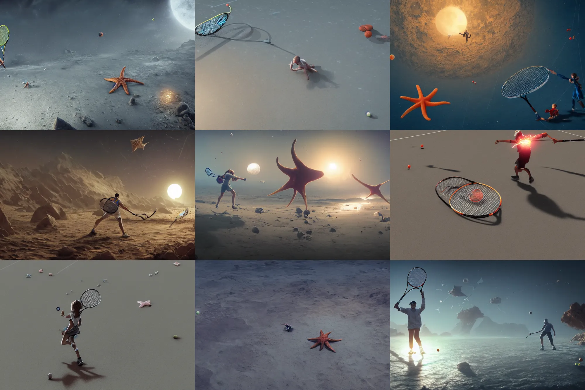 Prompt: starfish playing tennis in the moon, 3d scene, render, ultra realistic, zenith view, Greg Rutkowski, artstation, cgsociety, level design, unreal engine, 3d scene, render, ultra realistic, Enki Bilal style