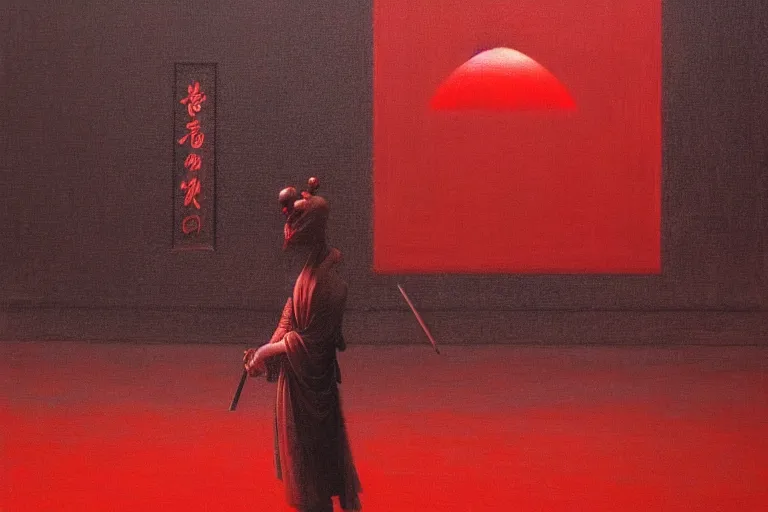 Image similar to only with red, a red samurai harakiri, tokio, a lot of frogs watch, in the style of beksinski, parts by edward hopper, parts by rodcenko, parts by yue minjun, intricate and epic composition, red by caravaggio, insanely quality, highly detailed, masterpiece, red light, artstation, 4 k