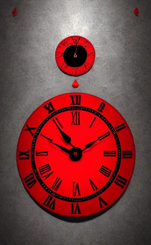 Image similar to a melting Roman numeral clock, behind a red and black gradient background, awith a black heart shaped on the top left corner and a black diamond card shape in the bottom right corner, dynamic lighting, photorealistic fantasy concept art, trending on art station, stunning visuals, cinematic, creative, ultra detailed