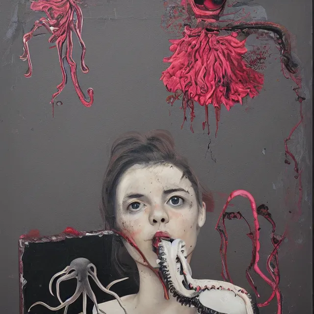 Image similar to empty room with black walls, a portrait of a female pathologist holding an octopus, wilted flowers, pomegranate, berry juice dripping, neo - expressionism, surrealism, acrylic and spray paint and oilstick on canvas