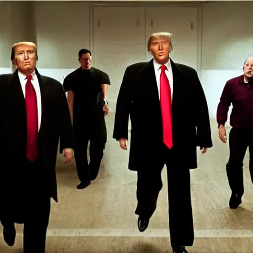 Image similar to a TV still from the TV The Sopranos of Donald Trump running away from the Feds