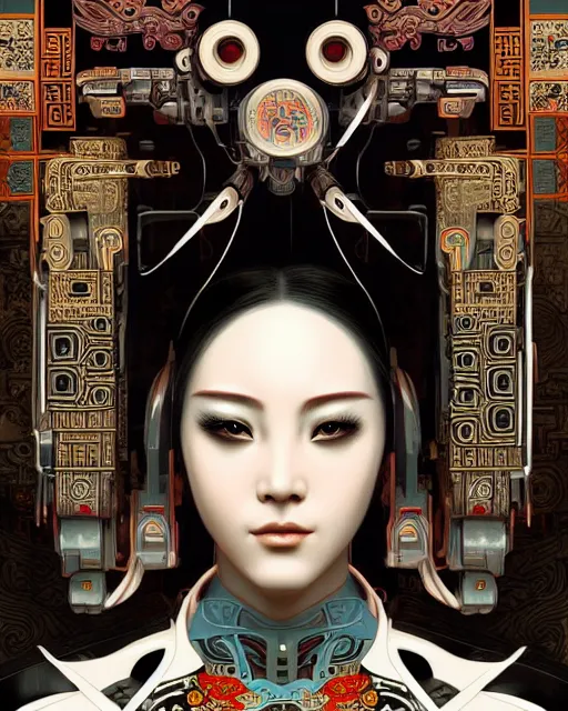 Image similar to portrait of a cyberpunk machine, machine face, upper half portrait, decorated with chinese opera motifs, asian, fine china, traditional chinese art, intricate, elegant, highly detailed, symmetry, digital painting, artstation, concept art, smooth, sharp focus, illustration, art by artgerm and greg rutkowski and alphonse mucha, 8 k