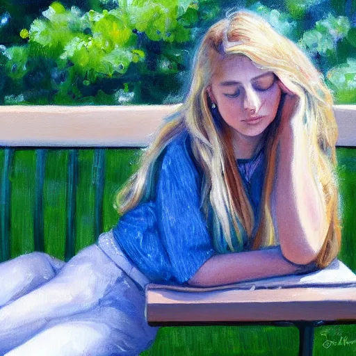 Prompt: a painting of a young woman with long blond hair sitting on a green bench with her head in her hands, steve henderson