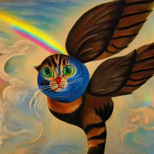 Image similar to a highly detailed painting of a cat with wings leaving a trail of rainbows behind in michelangelo style of painting