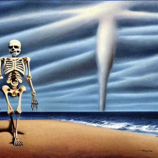 Image similar to a skeleton walking on a beach next to the ocean with nuclear bomb explosion in the background, a surrealist painting by Storm Thorgerson, featured on cg society, matte painting, naturalism, chillwave, anatomically correct