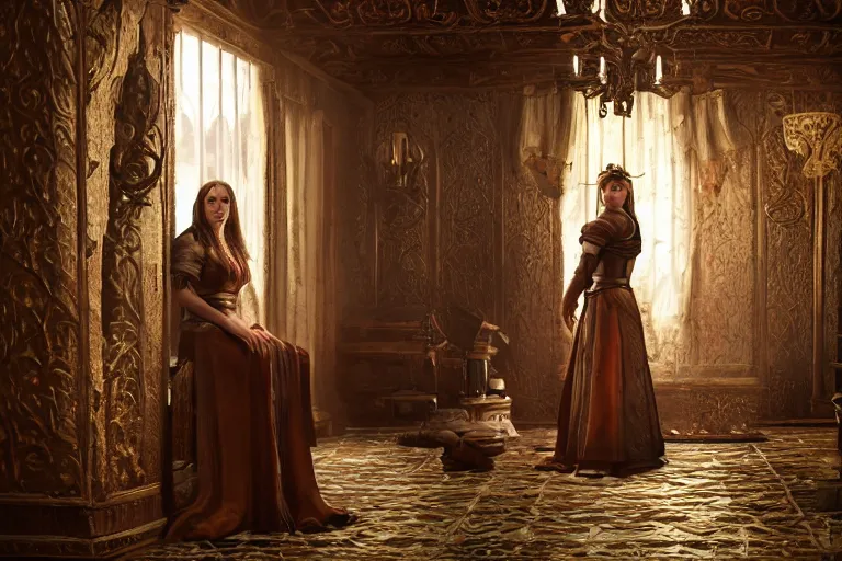 Image similar to the elder scrolls vi, charismatic regal brunette female jarl, portrait, rustic throne room, atmospheric lighting, painted, intricate, volumetric lighting, beautiful, daytime,, slight overcast weather, 4 0 0 0 k, sharp focus, deep colours, ultra detailed, by leesha hannigan, ross tran, thierry doizon, kai carpenter, ignacio fernandez rios