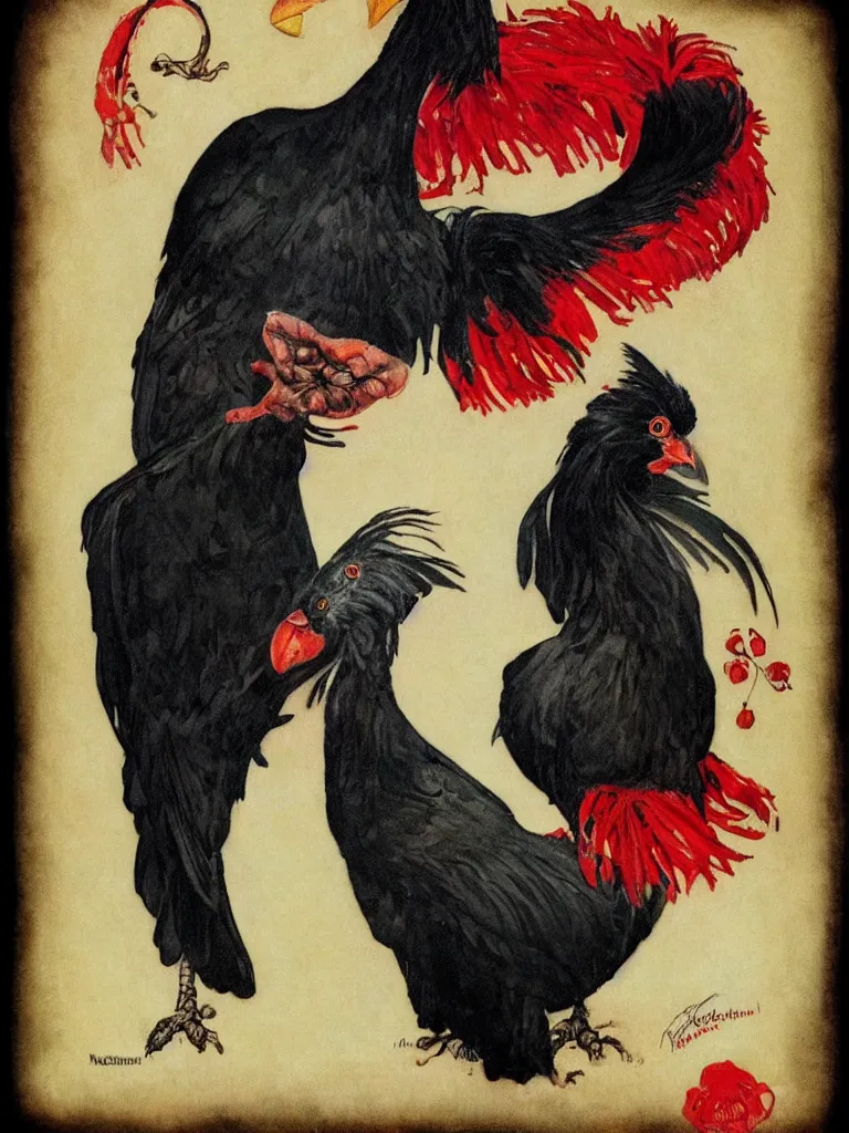 Prompt: a Portrait of a beautiful Black Chicken with a glorious red comb tattoo by Norman Rockwell