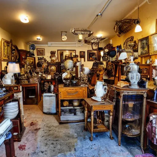 Image similar to a wide angle photo of an antique shop