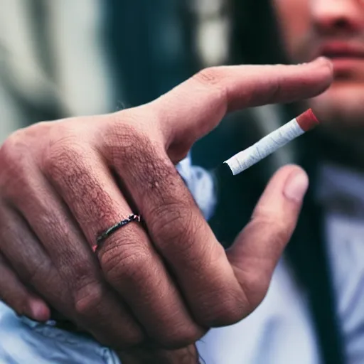 Image similar to normal man's hand with five fingers and a ring and a cigarette between the fingers