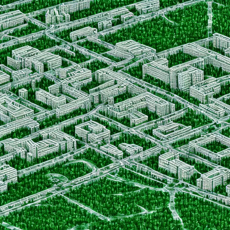 Image similar to Photo of one-point perspective to the center, ground level view of soviet town, infinitely long soviet panel buildings. A perfect green lawn. High detail, details, 105mm, symmetric, symmetrical, synched, surreal, cinematic