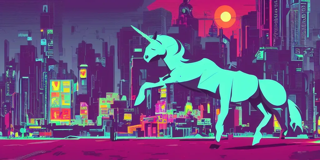 Prompt: unicorn in a futuristic cyberpunk town. By Tom Whalen, highly detailed