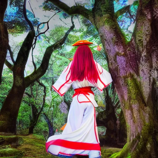 Prompt: drawing of a shrine maiden, young beautiful woman, high definition, 4 k, stunning scenery, dynamic lighting, award winning photo