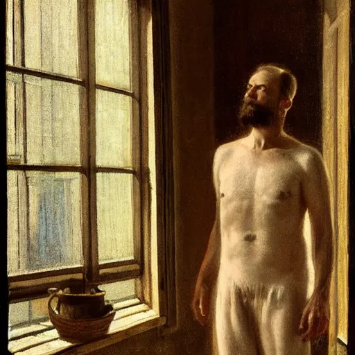 Prompt: person in pyjamas standing near window, sun rays, daylight, french door window, 2 4 mm, anamorph lenses, photorealistic, high ceiling, painting by thomas eakins