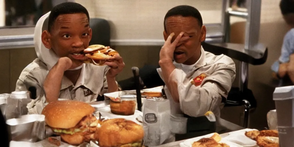 Image similar to e. t will smith sitting in a mc donald ’ s restaurant with an angry expression because he got the wrong hamburger.