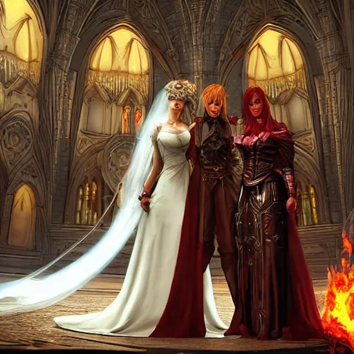 Image similar to an ultra detailed matte painting of a lesbian wedding between evil pyromancer and a red mage from final fantasy, steampunk, unholy, white church background, detailed face, sharp focus, highly detailed, cinematic lighting, studio quality, colorful, smooth render, unreal engine 5 rendered, octane, rendered, by artgerm, greg rutkowski, alphonse mucha