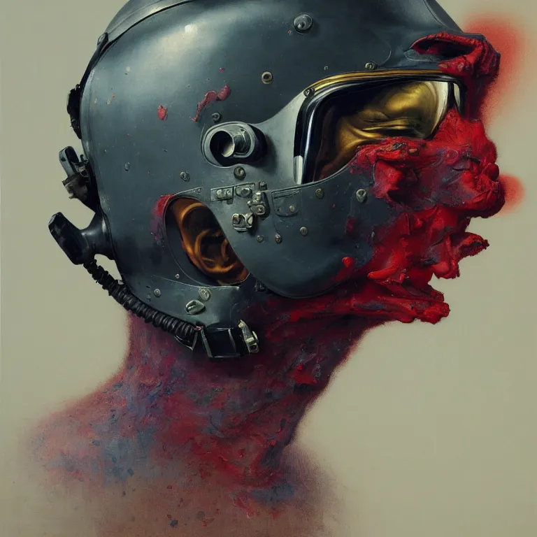 Image similar to hyperrealistic detailed higher angle portrait of a character in fighter pilot helmet, fighter jets, rich deep colors, ultra detail, by francis bacon, james ginn, petra courtright, jenny saville, gerhard richter, zdzisaw beksinski, takato yamamoto. masterpiece, elegant fashion studio ighting 3 5 mm