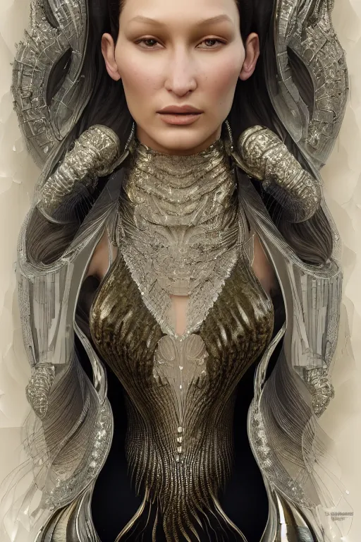 Prompt: a highly detailed portrait of a beautiful alien goddess bella hadid in iris van herpen dress in diamonds in style of alphonse mucha art nuvo trending on artstation made in unreal engine 4