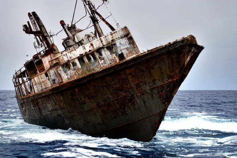 Prompt: high quality photo of old rusty ship in the middle of ocean