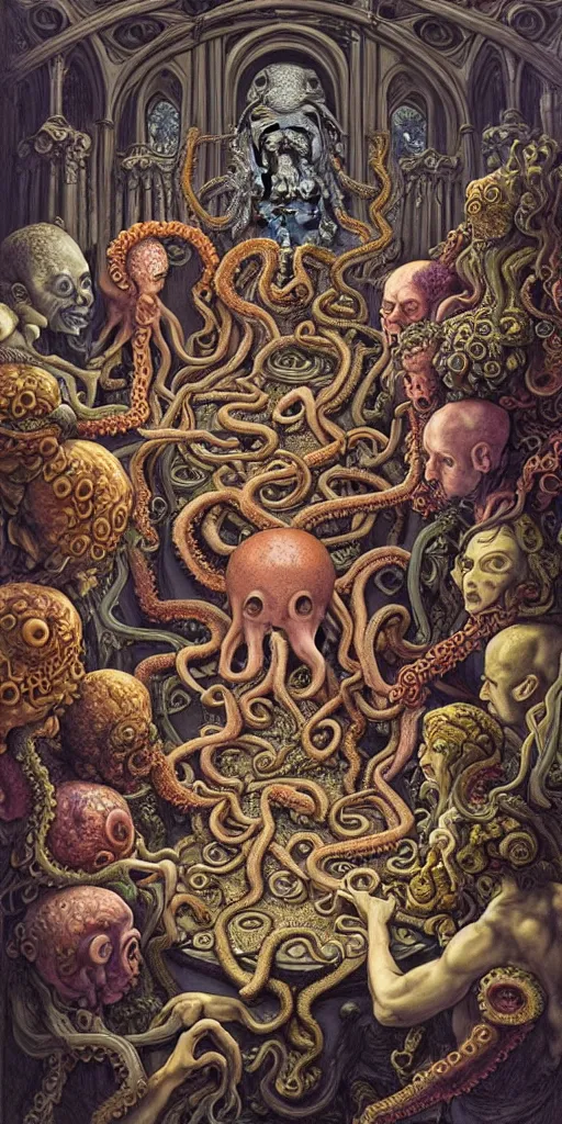 Prompt: group of mages in human bodies with octopus or medusa heads sitting near the table and arguing in an ancient mage castle with enormous scale, gothic and baroque, brutalist architecture, ultradetailed, Intricate by James Jean and Josan Gonzalez and John Howe and Giuseppe Arcimboldo