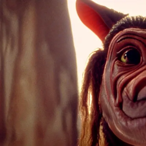 Image similar to film still of jar jar binks as a female cowgirl, long eyeslashes, big juicy lips, big seductive eyes