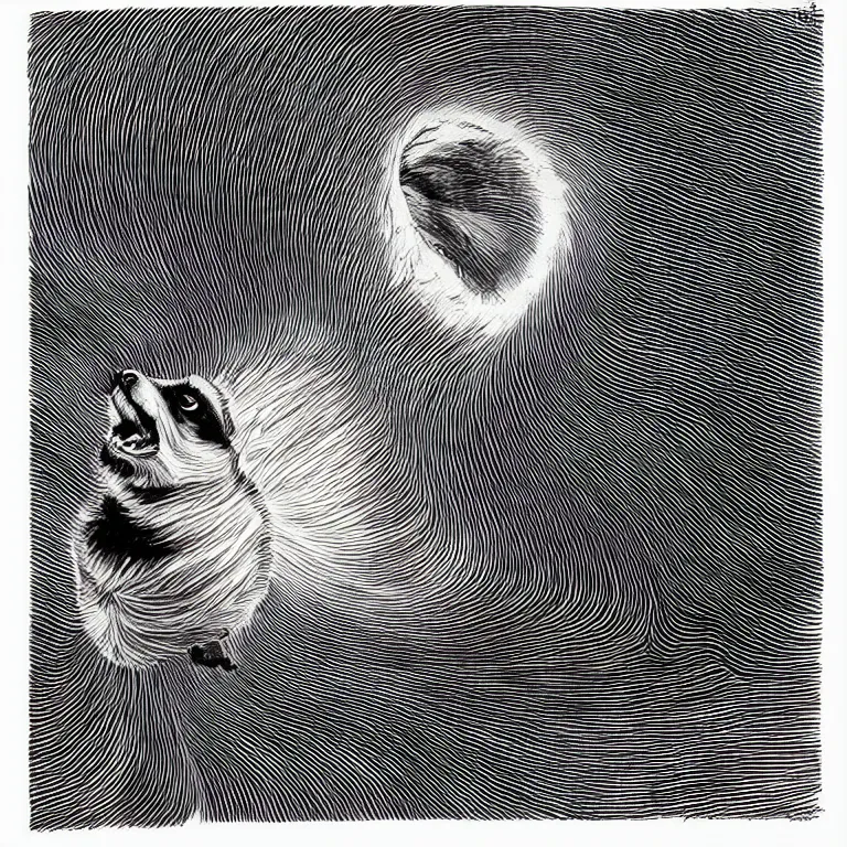 Image similar to pomeranian looking into a giant swirling black hole, black and white, botanical illustration, black ink on white paper, bold lines