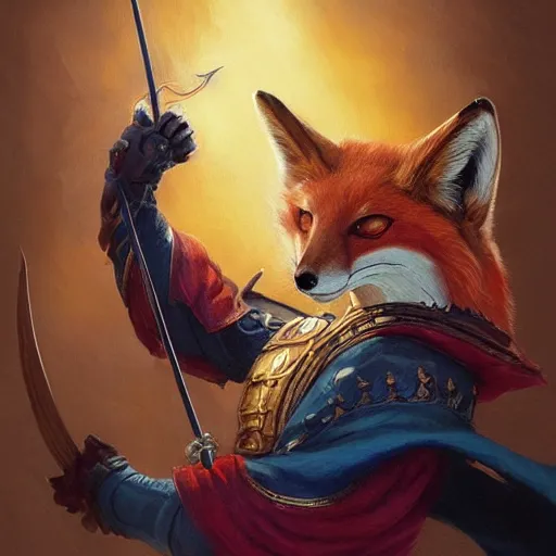 Image similar to anthropomorphic fox wielding a rapier, arrogant, D&D, fantasy, portrait, highly detailed, digital painting, artstation, concept art, sharp focus, illustration, art by artgerm and greg rutkowski and magali villeneuve, red blue and gold color scheme