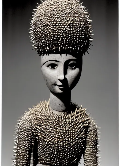 Image similar to realistic photo of a a medieval wooden girl doll sculpture dressed white spherical hat helmet, covered in spikes pattern, black brushwood, greyscale grain 1 9 6 0, life magazine photo, natural colors, metropolitan museum, kodak