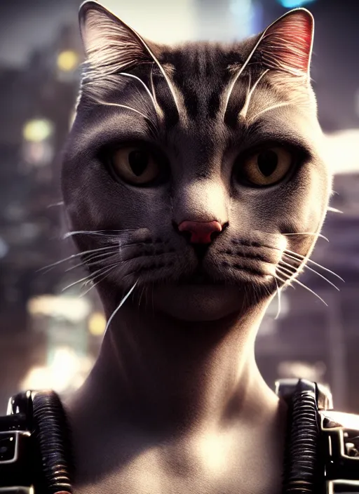 Image similar to 35mm portrait of a sophisticated intricate terminator feline cat head. Fantasy cyberpunk. Sharp. Unreal Engine. Cinematic post-processing