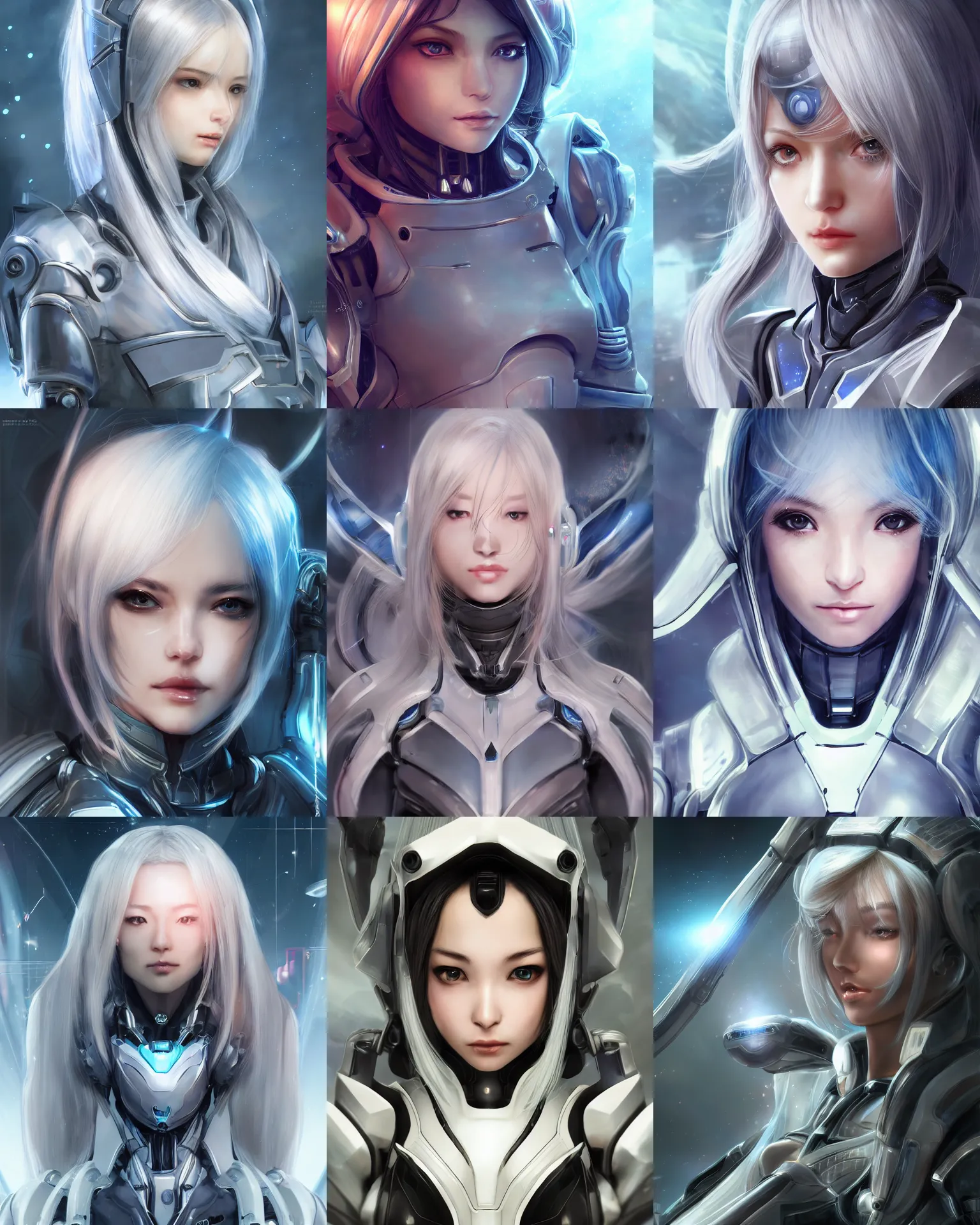 Image similar to detailed portrait of perfect android girl, warframe armor, beautiful face, scifi, futuristic, space station, laboratory, song hye - kyo, dreamy, long white hair, blue cyborg eyes, cinematic lighting, innocent, highly detailed, sharp focus, smooth, artstation, intricate, award winning, pure aura, divine, by akihiko yoshida