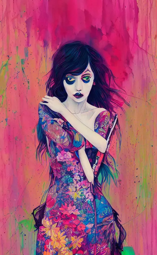 Image similar to an ultra detailed beautiful painting of a stylish woman with colorful sundress, concert poster, modern, harumi hironaka, conrad roset, greg rutkowski