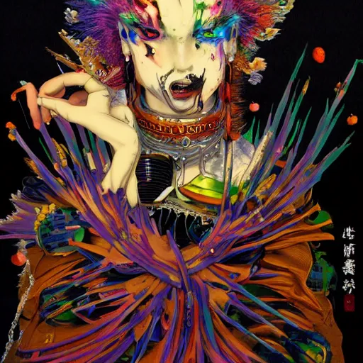 Image similar to ( high definition highly detailed baroque cyberpunk shamaness, varnished oil paint in bright colors on black background with small background color splatters, by katsuhiro otomo ) as anime art