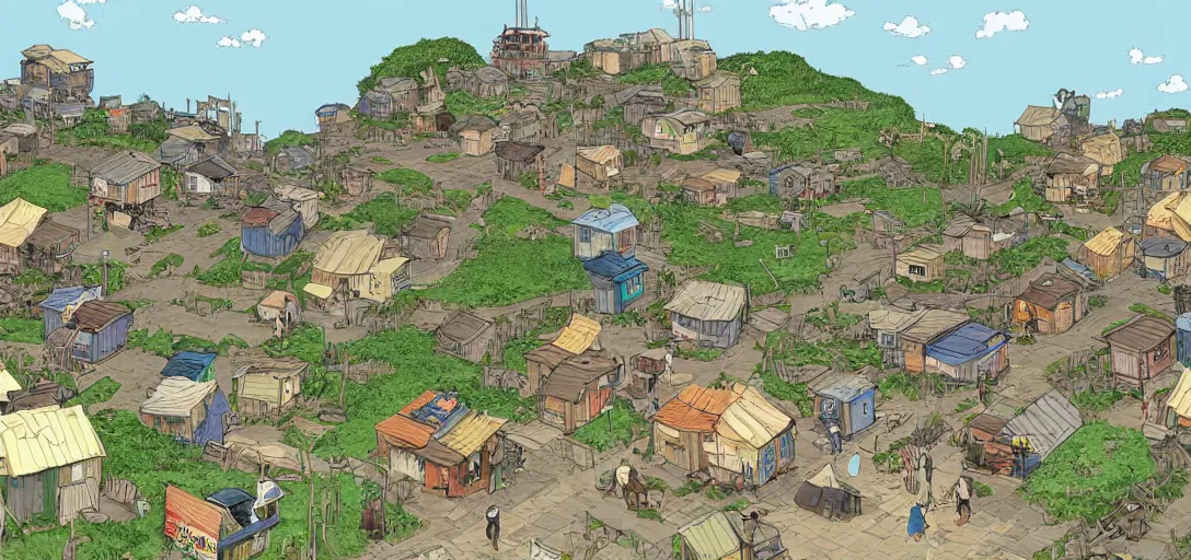 Image similar to a photorealistic digital illustration of a shady shanty town by Studio Ghibli and Herge