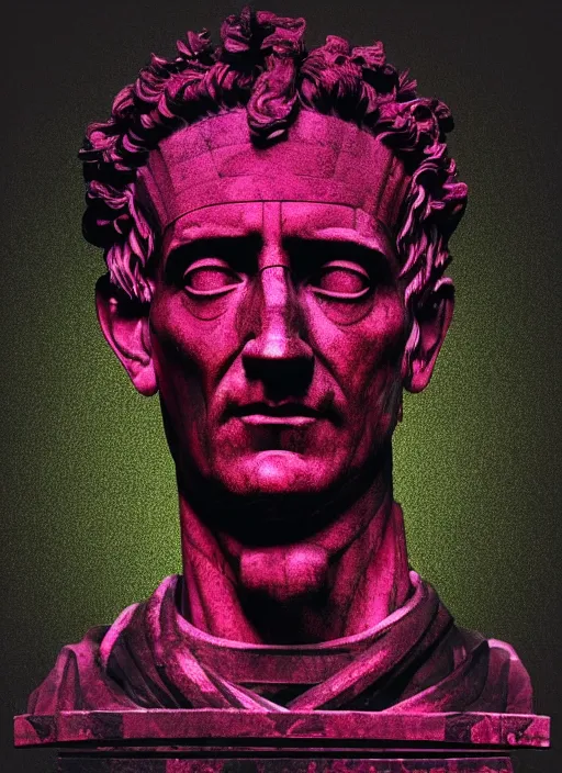 Image similar to black background with very subtle red and purple design elements, statue of julius caesar, powerful, nekro, graphic design, collage art, thin lines, dark, glitch art, neo vaporwave, gritty, layout frame, square, trending on artstation