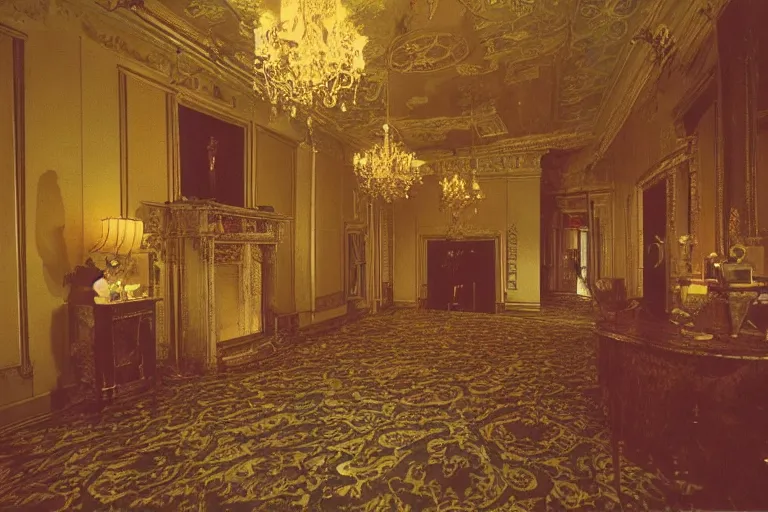 Image similar to full - color 1 9 9 0 s photo of the interior of a spooky elegant mansion at night. the interior architecture and layout are illogical, surreal, bizarre, complicated, and labyrinthine. there is a faintly - visible victorian ghost lurking. highly - detailed high - resolution photography.