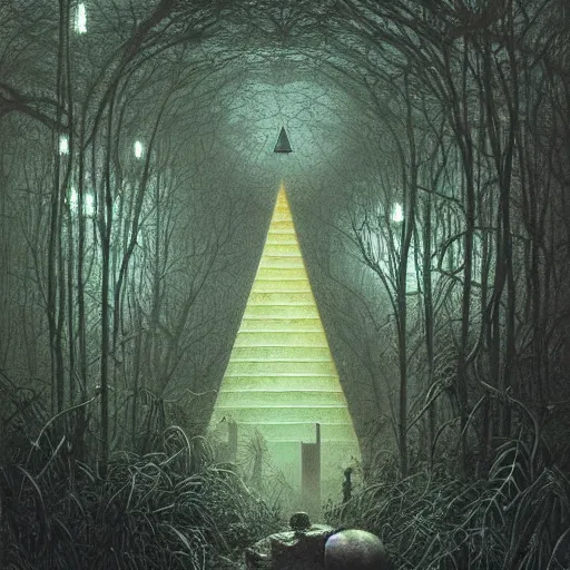 Prompt: a hyperrealistic painting of an overgrown derelict egyptian pyramid in the middle of an alien jungle, bioluminescent plants, by john kenn mortensen and zdzislaw beksinski, highly detailed, vivid color,