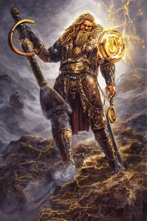 Image similar to mythological odin all father supreme God of thunder and smithing and artificial intelligence creating an artificial neural network with gold synapses on an anvil with his mighty hammer, high resolution, award winning art, trending on art station, sharp image, incredibly detailed, detailed character realistic painting