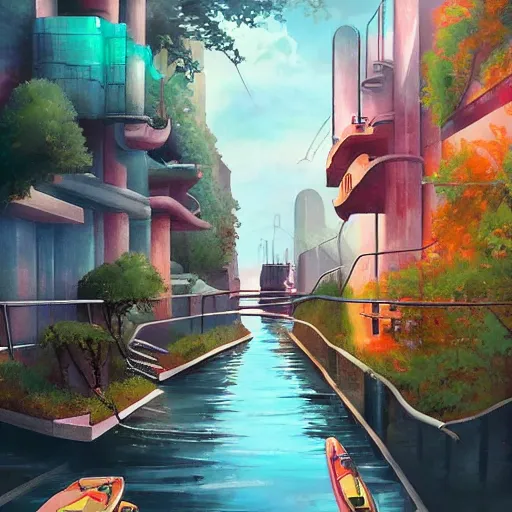 Image similar to Narrow cosy waterway in futuristic sci-fi city in harmony with nature, kayak. Nice colour scheme, soft warm colour. Beautiful detailed painting by Lurid. (2022)