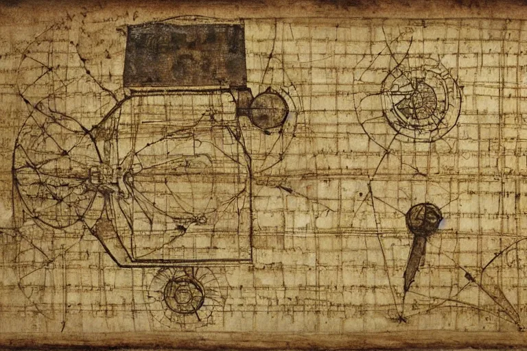 Image similar to ancient technical schematics on parchment by leonardo da vinci of an automobile