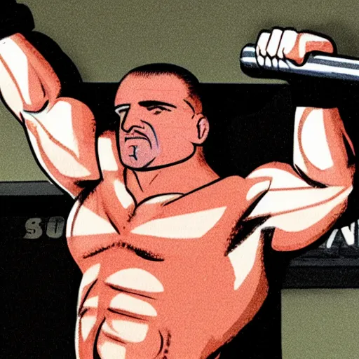 Prompt: a cartoon image of dominic purcell lifting weights