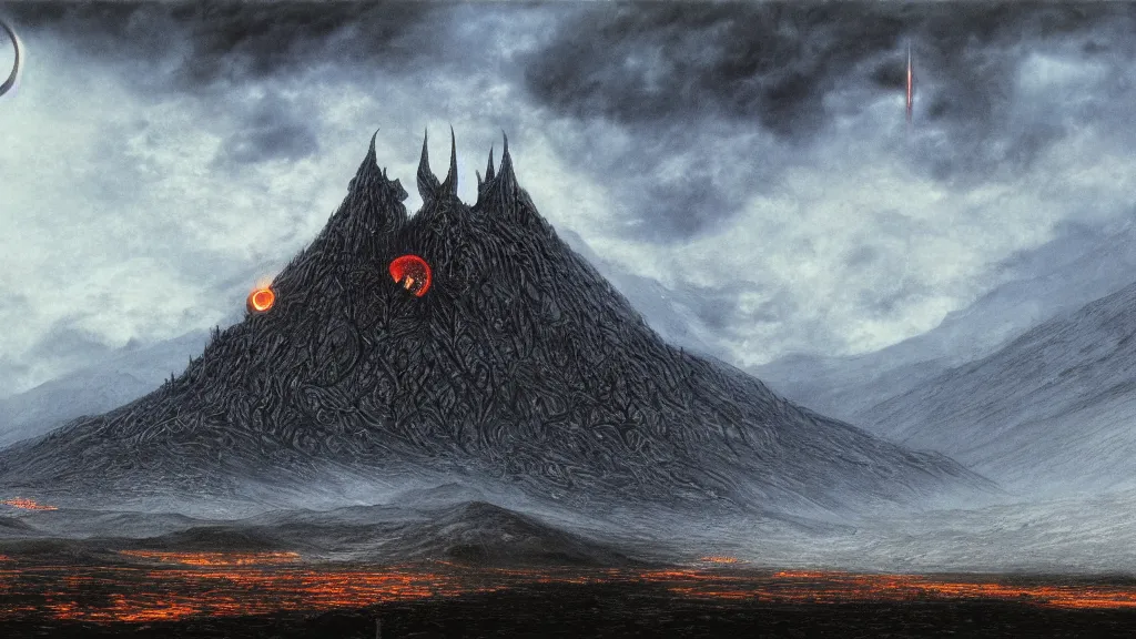 Image similar to darkness over morder, flaming eye of sauron seen in the dark clouds above. by alan lee, intricate, lord of the rings calendar, smooth, detailed terrain, oil painting, trending artstation, concept art, matte painting