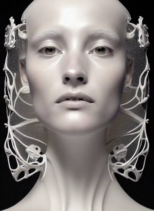 Image similar to complex 3d render ultra detailed of a beautiful porcelain profile young woman face, biomechanical cyborg, 150 mm lens, beautiful studio soft light, rim light, silver white gold details, magnolia big lemon leaves and stems, roots, fine foliage lace, mesh wire, Alexander Mcqueen high fashion haute couture, art nouveau fashion embroidered, steampunk, intricate details, hyper realistic, ultra detailed, mandelbrot fractal, anatomical, facial muscles, cable wires, microchip, elegant, octane render, H.R. Giger style, volumetric lighting, 8k post-production