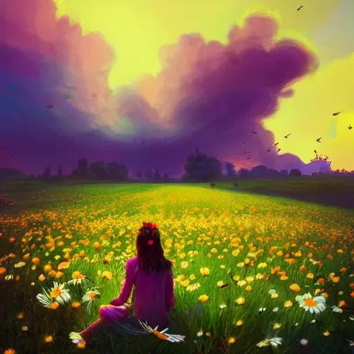 Image similar to giant daisy flower as head, girl sitting in a flower field, surreal photography, sunrise, dramatic light, impressionist painting, colorful clouds, digital painting, artstation, simon stalenhag