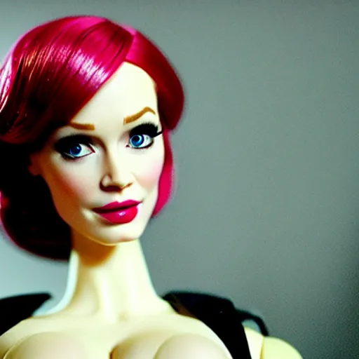 Image similar to amazing beautiful Christina Hendricks barbie doll wearing leather in the living room, film still from the movie directed by Denis Villeneuve , wide lens