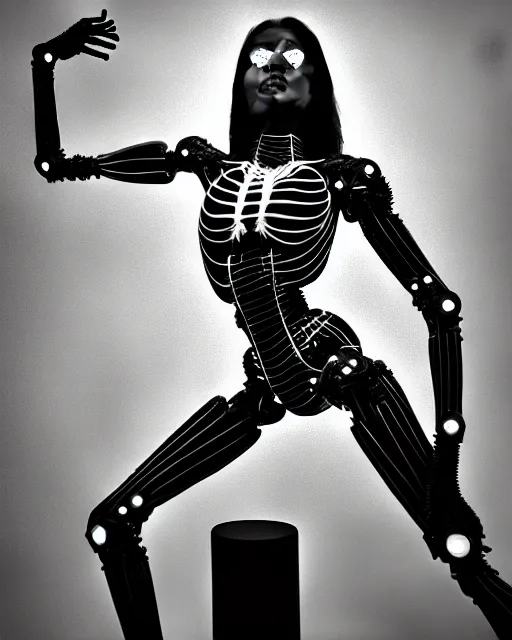 Image similar to black and white cyborg-plant goddess high quality photo, artificial intelligence, bio-mechanical bio-luminescence, artificial complex spider web, neurons, nerve cells, octane render, cinematic, rim light, hyper realism, photo-realistic, high detail, 8k, in the style of Steven Meisel and Dora Maar and H.G. Giger