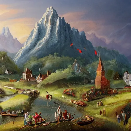 Image similar to netherlands with tall mountains in the background painting high detail with flying dragons