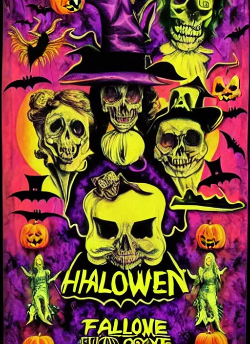 Image similar to Halloween (1978), Psychedelic velvet black light poster, Wes Wilson, Bonnie Maclean, Greg Irons, highly detailed